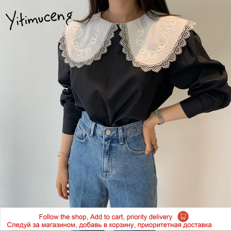 

Yitimuceng White Blouse Woman Oversize Fashion Puff Sleeve Peter Pan Collar Office Lady Button Shirt Black 2021 Spring Summer
