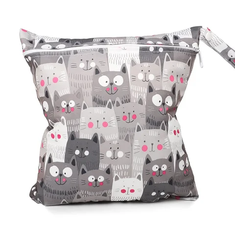 8 водонепроницаемых мокрых сумок с рисунком кошек, одиночный карман на молнии, детская моющаяся ткань