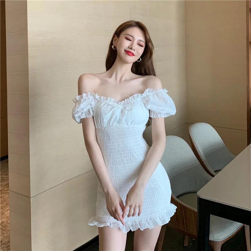 Белое пикантное летнее кружевное Бандажное облегающее повседневное корейское