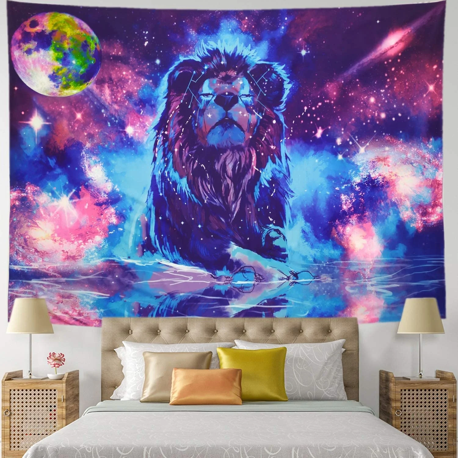 

Fantasy Lion Tapestry Moon Lion Wall Tapestry Psychedelic Constellation Wall Hanging Indian Hippie Colorful Leo Universe