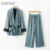 2021 blue printed kimono jacket with feather sleeves wide leg loose cuasal trousers women vintage clothing suits