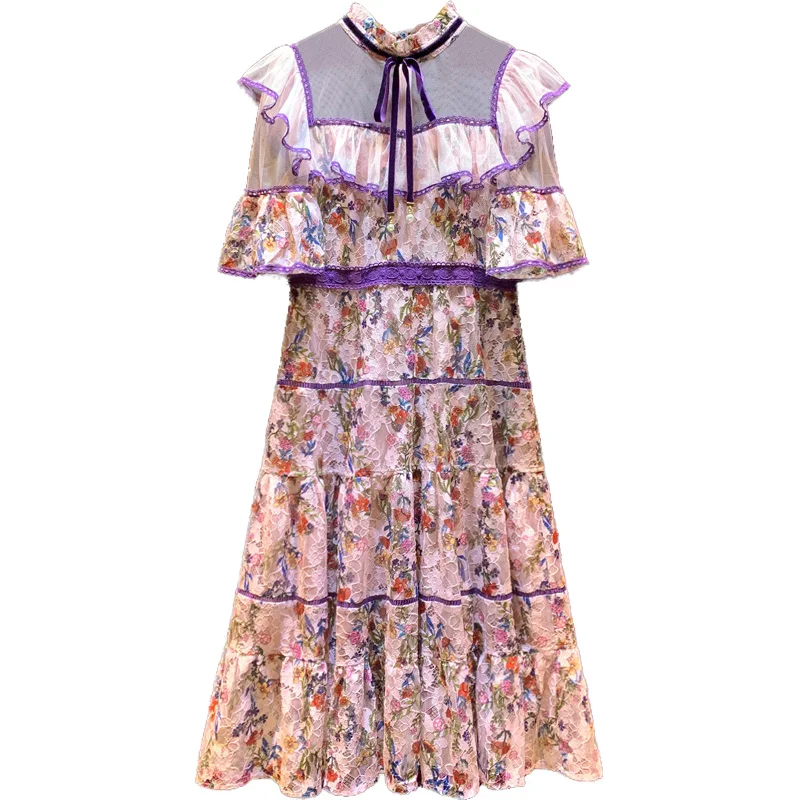 

French Vintage Printed Ruffle Patchwork High Waist Elegant Dress Women Lace Up Stand Collar Long Dress 2021 Sweet Lace Dresses