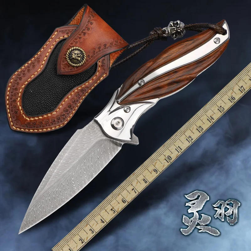 

Handmade Japenese Damascus Steel Folding Knife Vacuum Heat Treatment VG10 Damascus Steel Blade with Desert Ironwood Handle