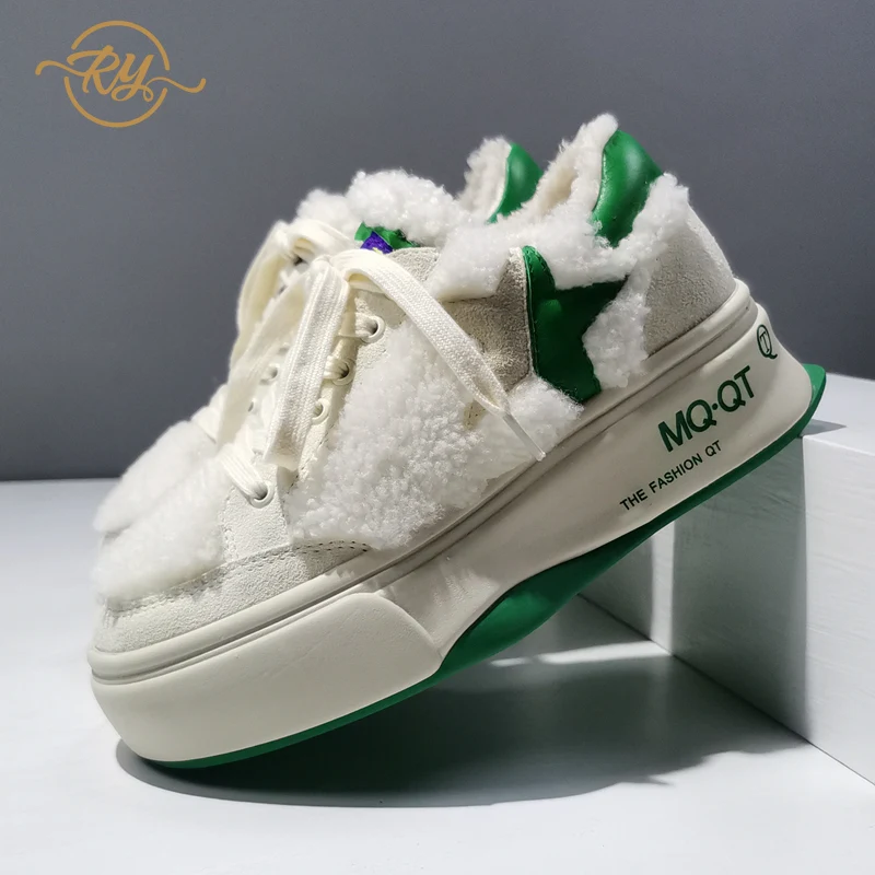 

RY-RELAA European womens shoes white wedges Genuine Leather platform shoes New winter ins sneakers women tide Plush cotton shoes