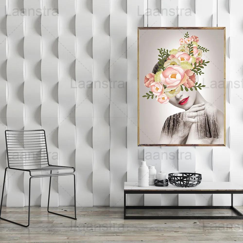 

Flower Character Home Decoration Painting Living Room Bedroom Wall Art Canvas Poster Simple Style Stairwell Print Smiling Woman