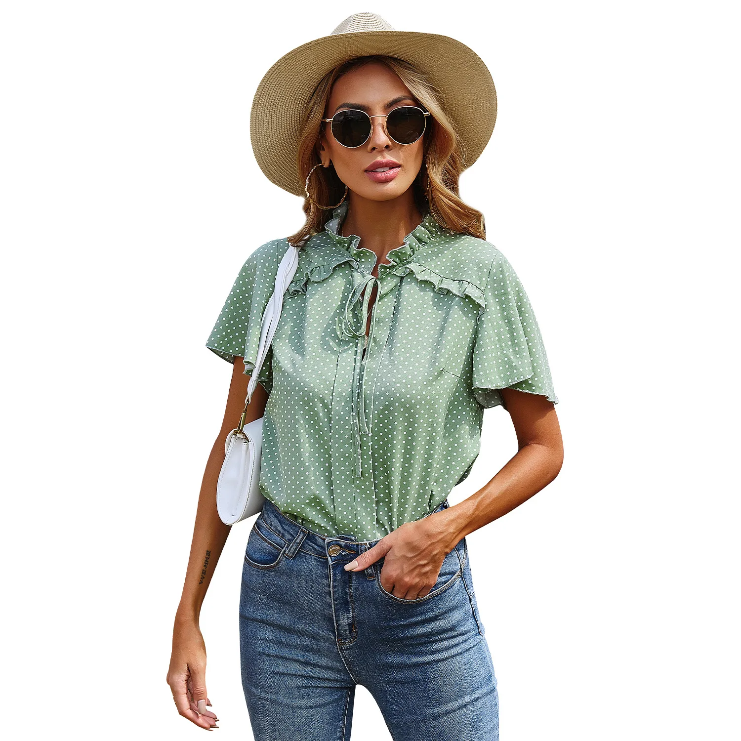 

2021 Summer The New Splicing Fungus Lace Dots Shirt Female