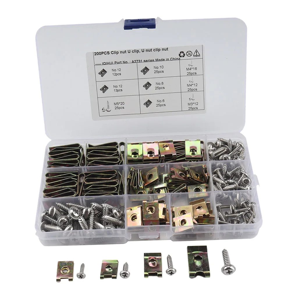 200pcs Assorted Spire Clips U Nuts Fasteners No.10 M3x12 M5x20 | Screws