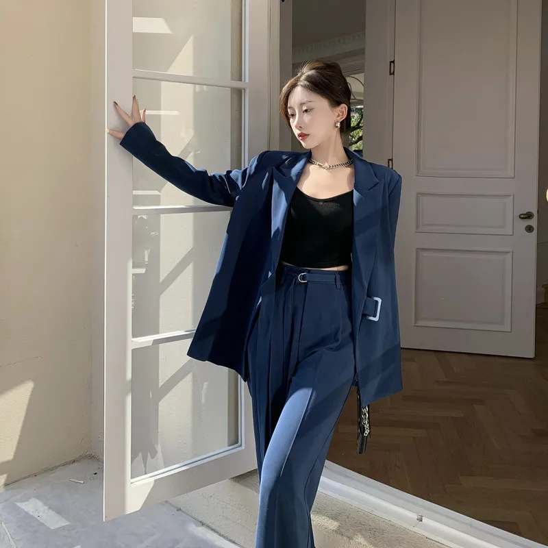 

2021 New Design Lace-up Solid Royal Blue Suit Blazer Jacket + Wide-leg Pants Two-piece Set Suit Women Chic Suit