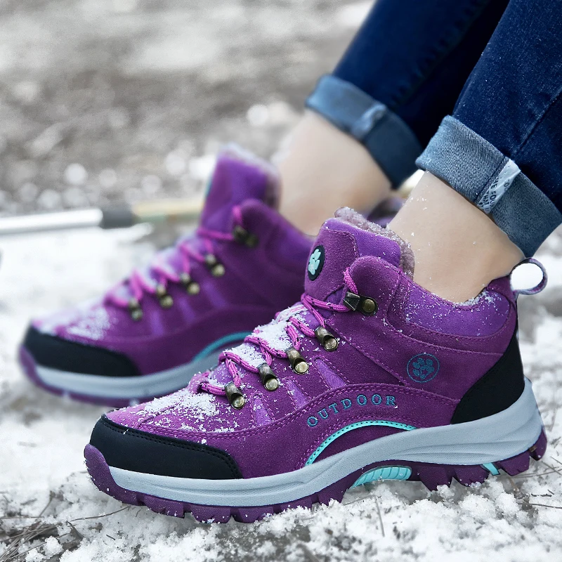 Outdoor Purple Ladies Snow Hiking Shoes Waterproof Mountain Boots Mens Womens Winter Hiking Boot Fashion Trekking Boots Woman