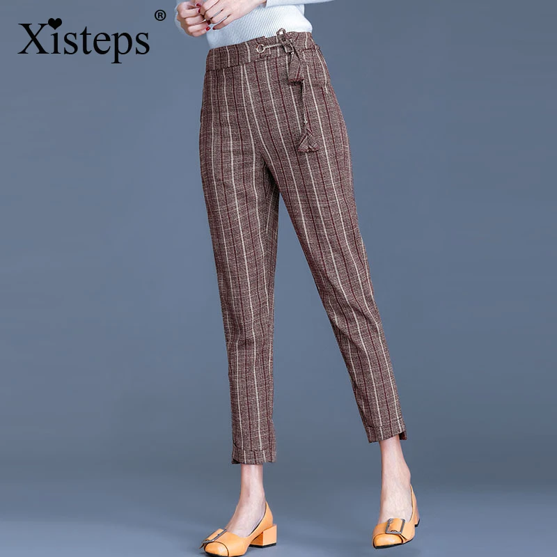 

Женские шаровары Xisteps, с завышенной талией, осень 2020, с эластичным поясом, в клетку, повседневные, свободные, до щиколотки