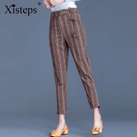 xisteps high waist women harem pants new 2020 autumn elastic waist tie female lattice casual loose trouser ankle length