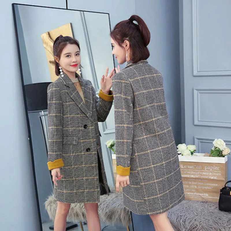 

Women woolen coat Tide Autumn Winter Fashion Tartan Coat Korean Slim Large Size Office Female Suit Jacket Long Outerwear AA550