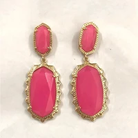 elegant long geometric pink stone ladies stud earrings engraving gold color flower pattern for women party jewelry