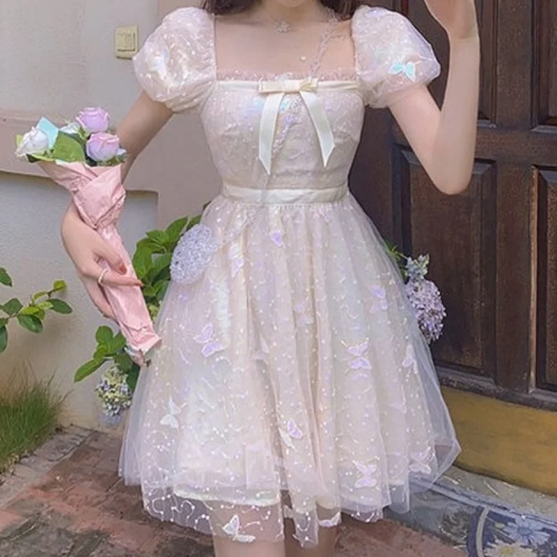 

Women Dress Korean Bow Design Y2k Clothes Floral Cute One Piece Dress Summer Kawaii Casual Dress Short Sleeve Beach Party