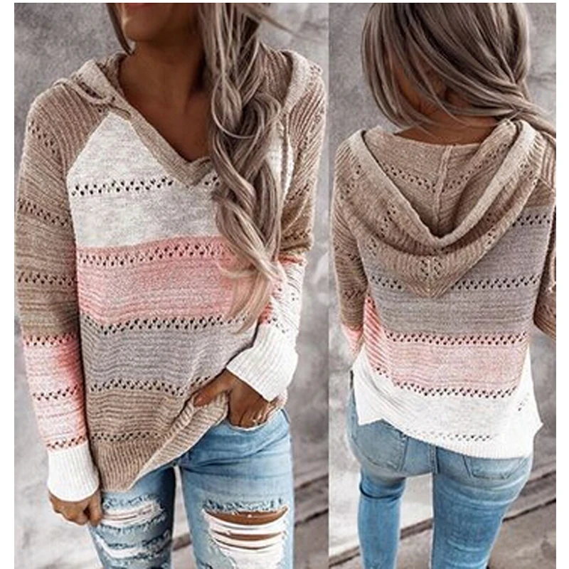 

2021 Women Sweater Stitching Color Block Patchwork Long Sleeve Hooded Loose Fashion New Ladies Hot Sale Clothing