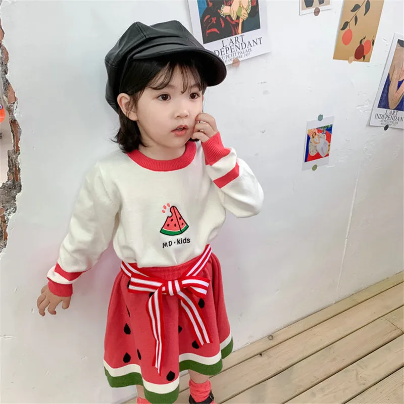 

2019 Baby Girl Fashion Watermellon Style Clothing Set Knitted Sweater+Skirt,Auturnn Winter Girls Kids Princess Suits Clothes