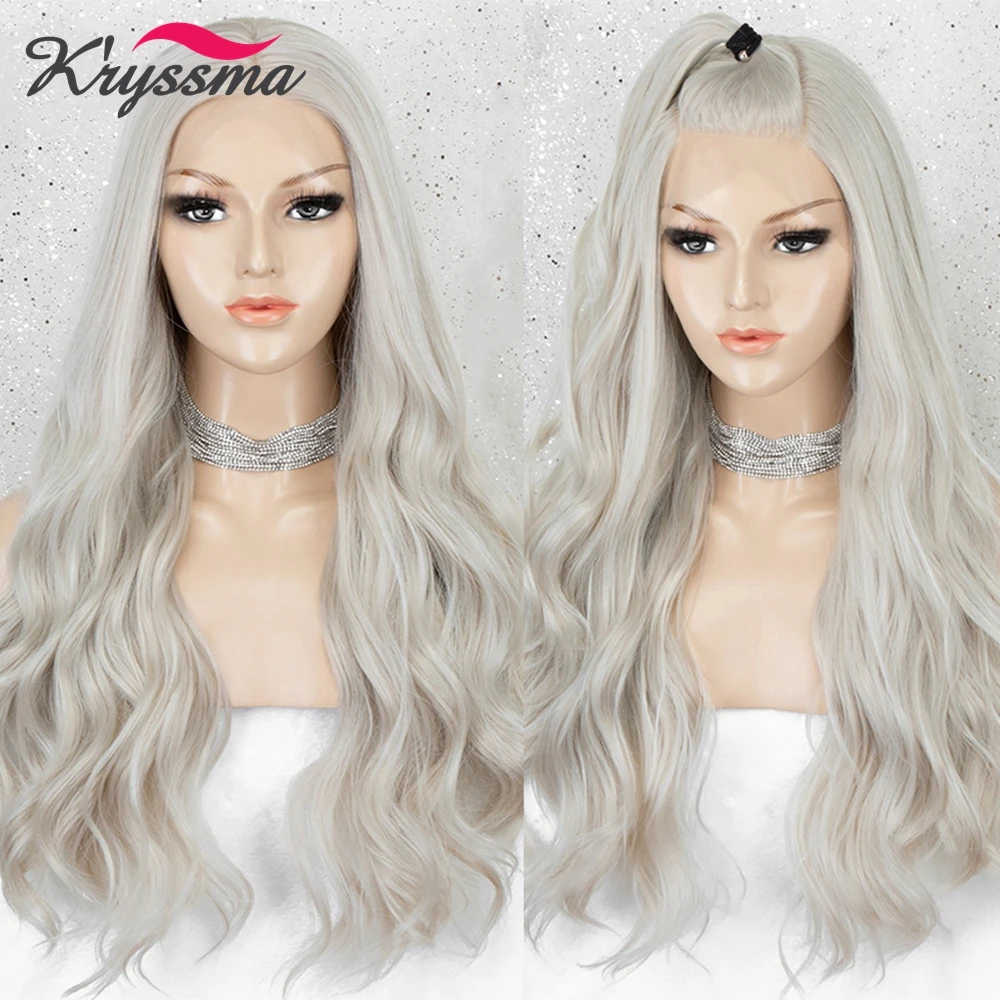 Kryssma 13×4 Platinum Blonde Wig  Lace Front Wig Ash Blonde Long Wave Synthetic Wigs For Women Grey Heat Resistant Cosplay Wigs