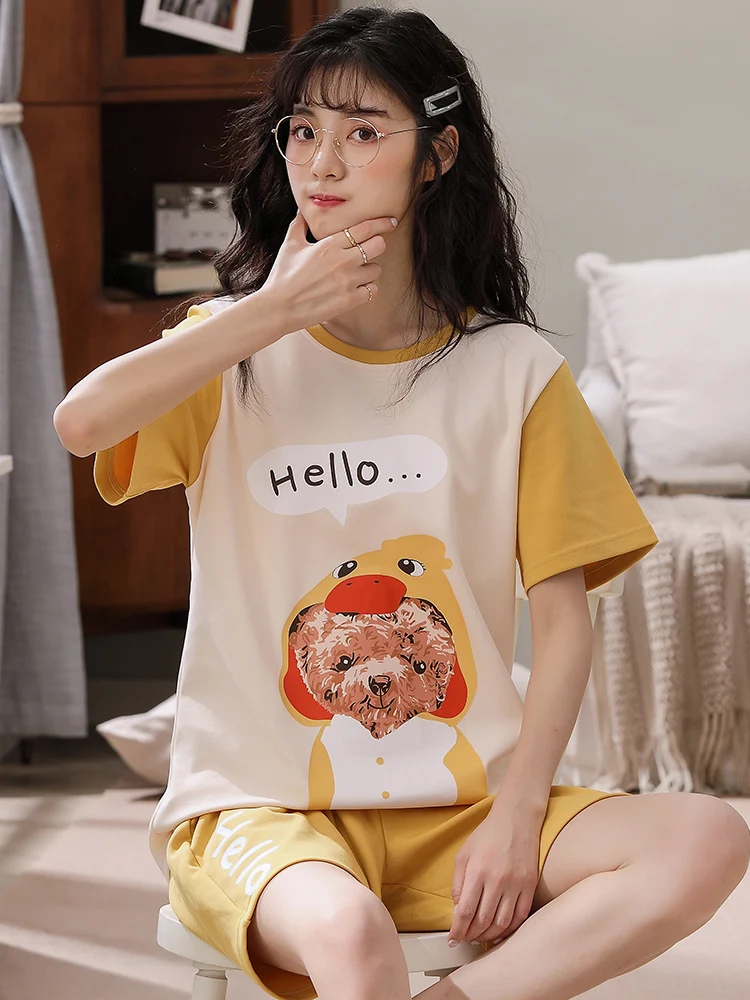 

Color Matching Alphabet Sleepwear Casual Fashion Kawaii Bear Hat Print Summer Comfortable And Soft Round Neck Ladies Home Wear