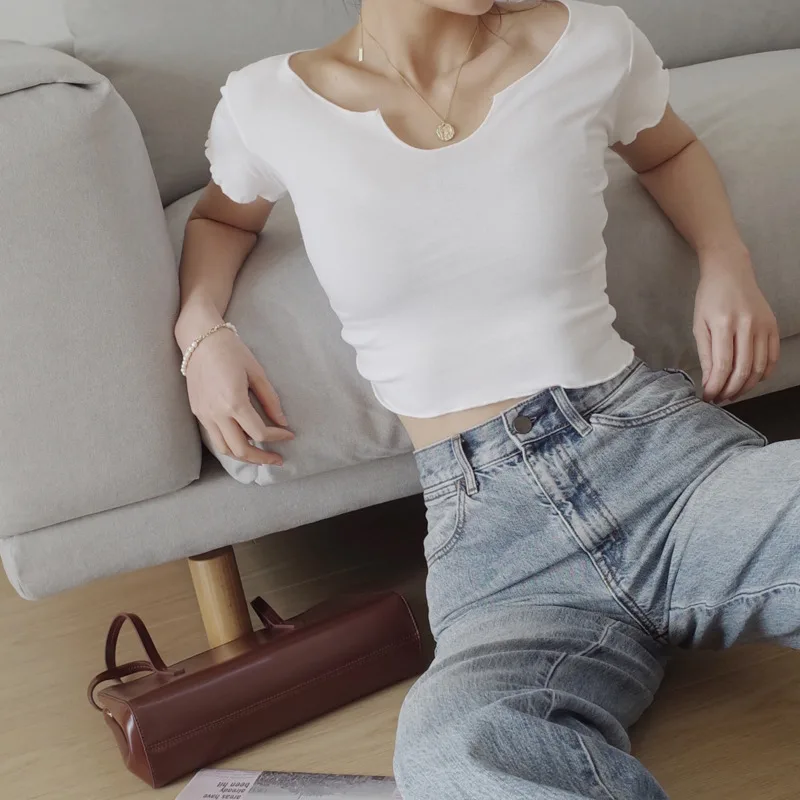 

Sexy V Neck Summer Slim Woman Cotton T-shirt Short Sleeve Solid Color Women Crop Tops Elastic Tops Streetwear 95% Cotton