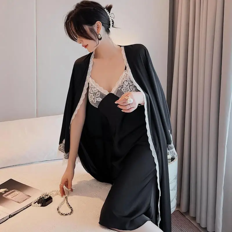 

Sexy Robe Set Lady Satin Sleepwear With Strap Nightgown Loose Casual Kimono Bath Gown Nightwear Lace Home Wear Intimate Lingerie