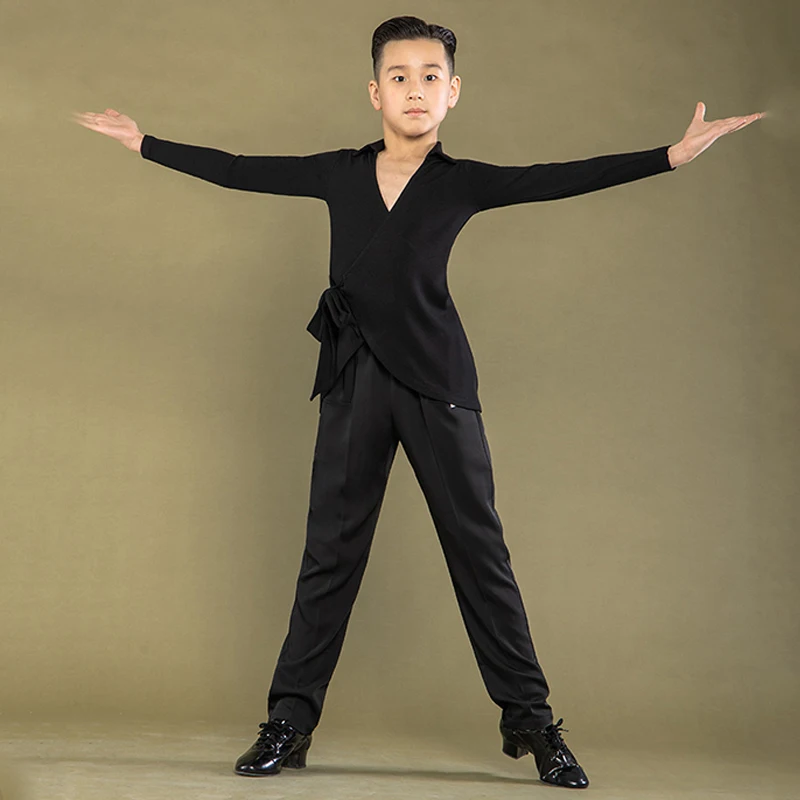 

2021 Latin Dance Practice Clothes For Boys V-Neck Tops Long Sleeve Lace Up Dance Shirt Cha Cha Rumba Ballroom Dance Tops BL5769