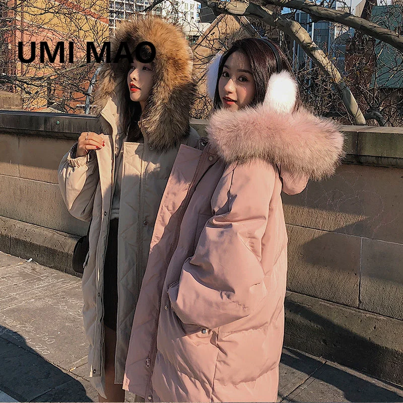 

UMI MAO Korean Fashion 2021 Winter New Down Cotton Jacket Women Warm Large Fur Collar BF Loose Mid-length Coat Y2K