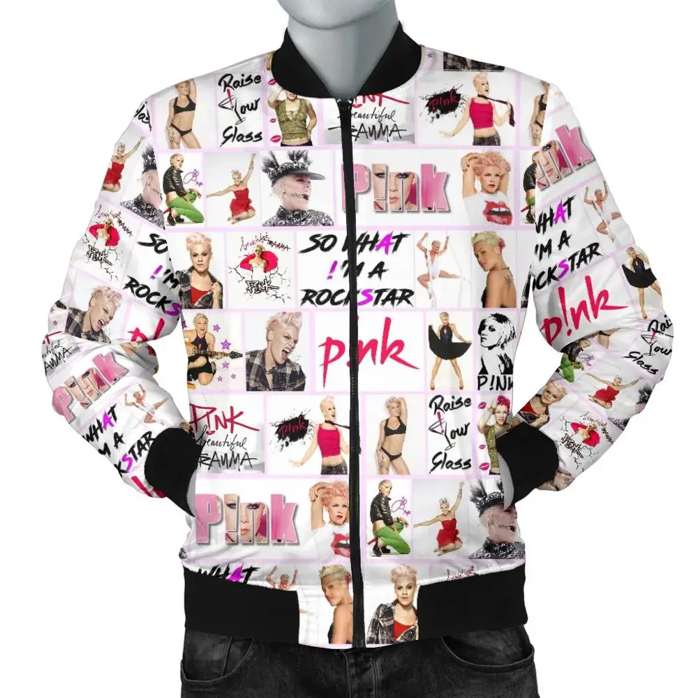 

Men's Warm Bomber Jacket P!nk Singer 3D All Over Printed Thick winter Long Sleeve pocket outwear Unisex Casual Zip Jacket