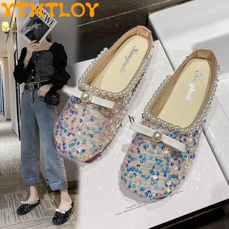

Baotou Half Slippers Female Summer Wear 2021 Spring And Autumn New Sequins All-match Flat-bottomed Lazy Muller Sandals And Slipp