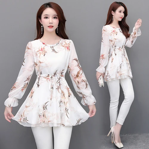 Шифоновые блузки, рубашки 5XL 4XL размера плюс, женская одежда для офиса, для женщин, для работы, тонкая талия, живот, цветочный принт, туника, топ, блузка 6985 50 - Цвет: beige
