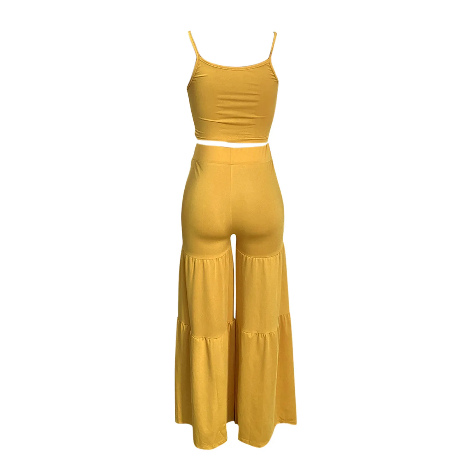 

Women Sexy Solid Color Lace Up Sling Crop Top Loose Wide Leg Pants Two-piece Suit 2021 Summer Plus Size Pant Sets