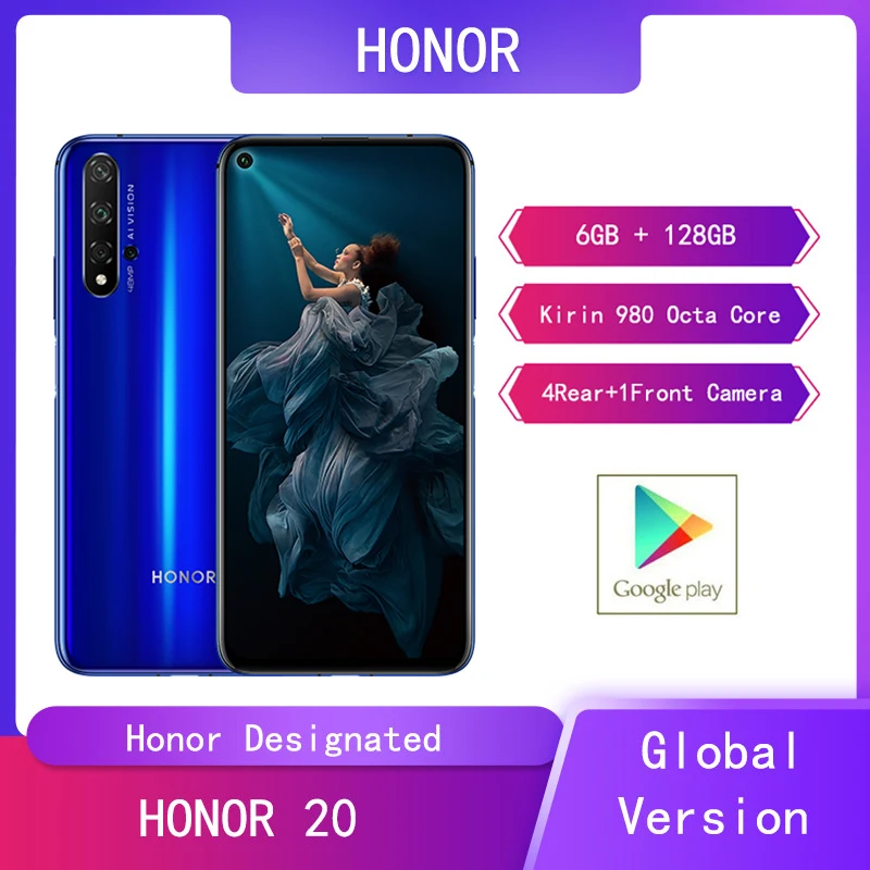 Смартфон Huawei Honor 20 6 ГБ + 128 Гб Android 980 8 ядер 26 дюйма 48 МП 4 задних камеры 1 фронтальная