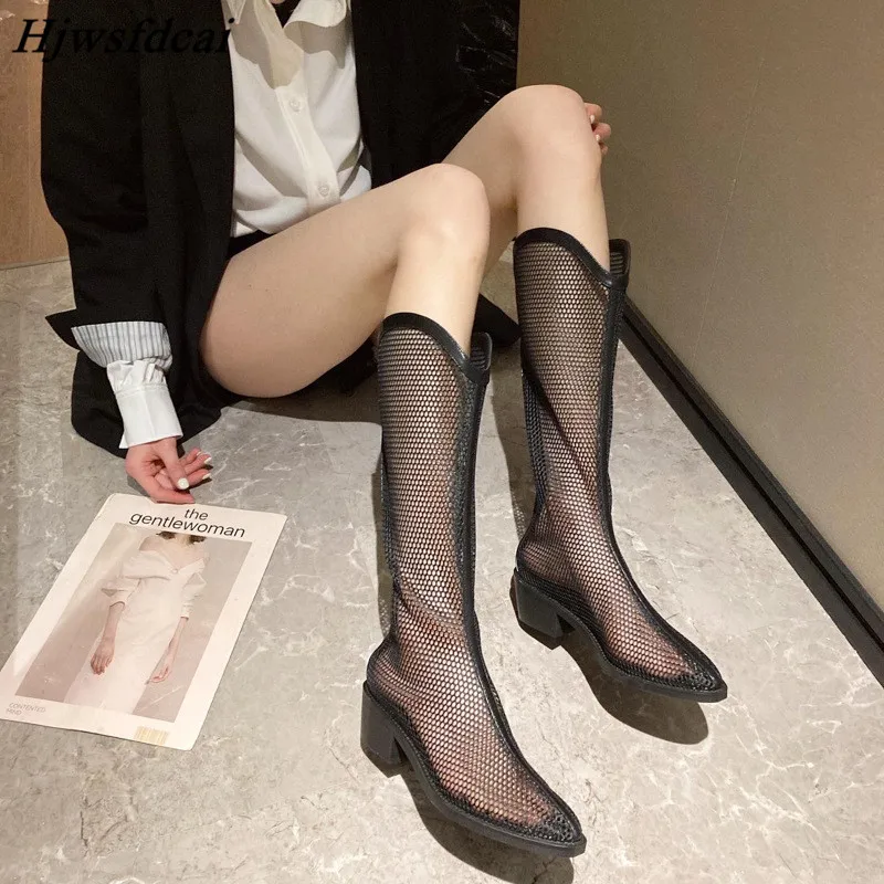 

Hjwsfdcai Women Breathable Mesh Sandal Boot Summer Knee-High Boots Ladies Pointed Toe Low Heels Outdoor Casual Boots Female Shoe