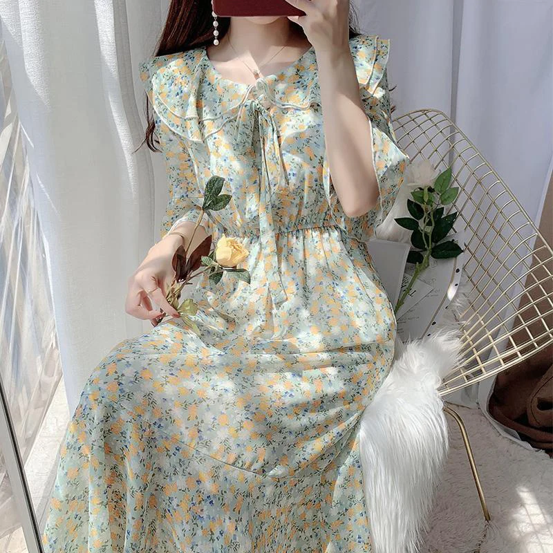 

Women Flower Dress Summer Slim High Waist Elegant Fairy Dress Beach Chiffon Floral Dress Sweet Lacing Doll Collar Princess Dress