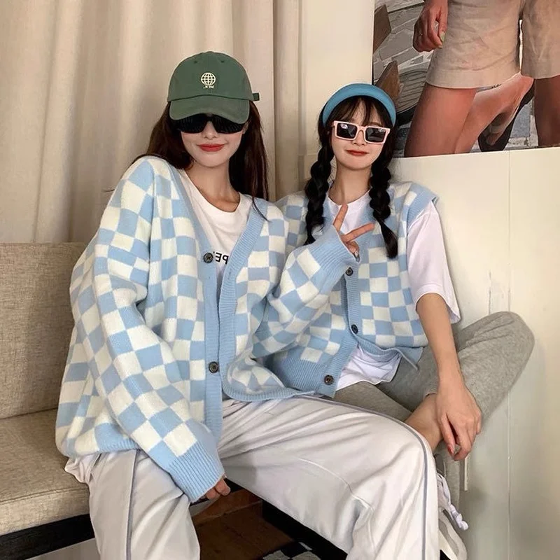Женский однобортный Кардиган в клетку Ulzzang свободные Джемперы с длинными