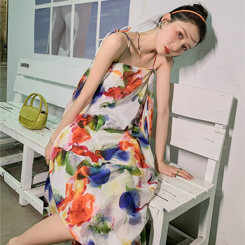 

XIZIHUPAN Vintage Print Dress For Women Square Collar Sleeveless High Waist A Line Irregular Hem Midi Dresses Females 2021 Style