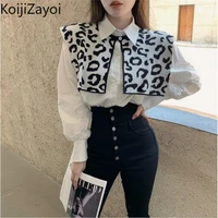 koijizayoi fashion women formal long sleeves shirt chic korean vintage blouses with knitted leopard shawl casual loose blusas