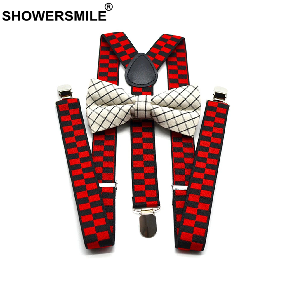 

SHOWERSMILE Suspensorio Vintage Women Mens Suspenders for Shirt Red Green Male Female Braces Suspender Pants with Bow Tie Set