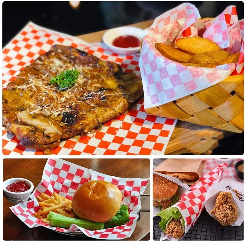 

6pcs Plastic Dishes Plates 24pcs Checkered Wax Paper For French Fries Hamburger Fast Food Basket Wrap Package Liners Restaurant