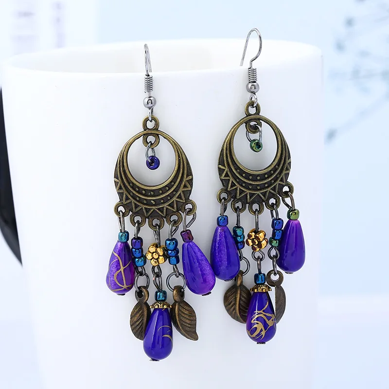 Fashionable European and American temperament Fashion handmade retro multicolor long fringed bronze earrings | Украшения и