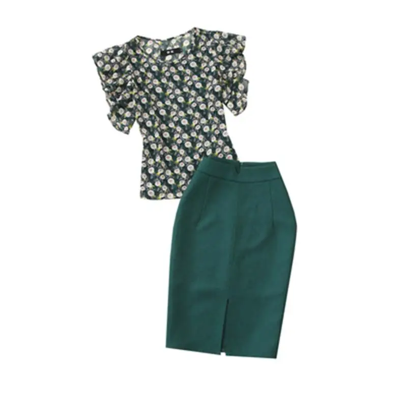 

Fashion suit female summer New high-quality Printed thin chiffon shirt + bag hip skirt Two-piece OL set women Work clothes