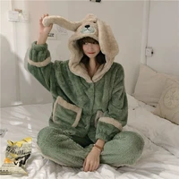 winter plush pajamas set female students sweet and lovely hooded pocket pajamas can wear home clothes outside pajama set women