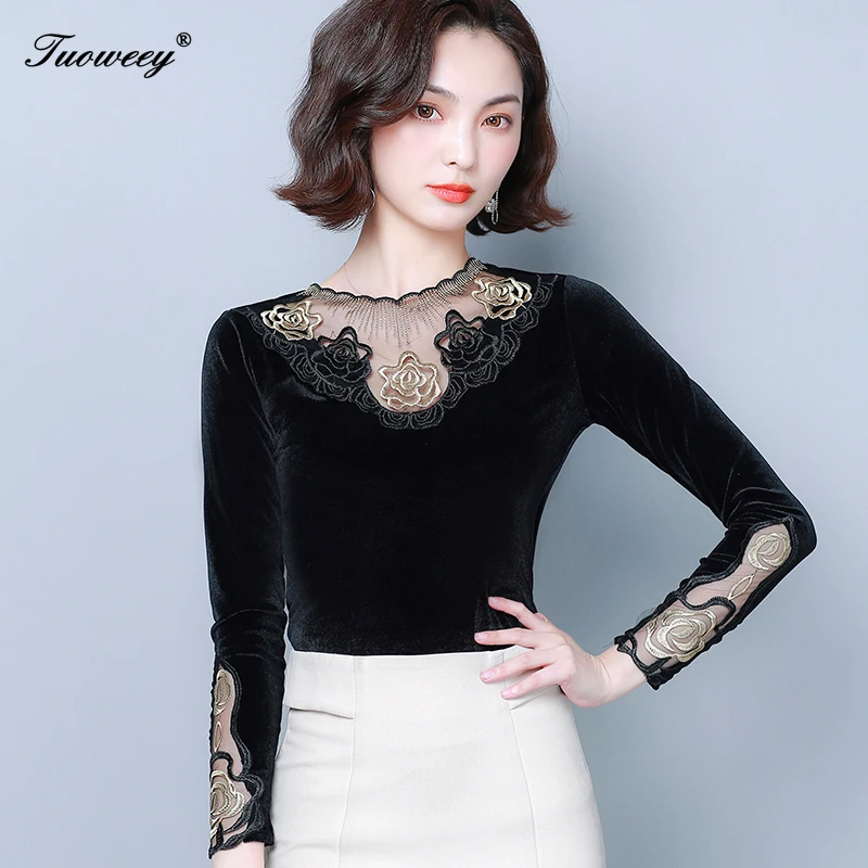 

Women clothing floral hollow out Autumn lace Shirt Tops see through basic female Elegant long-sleeve Lace Blouses shirts