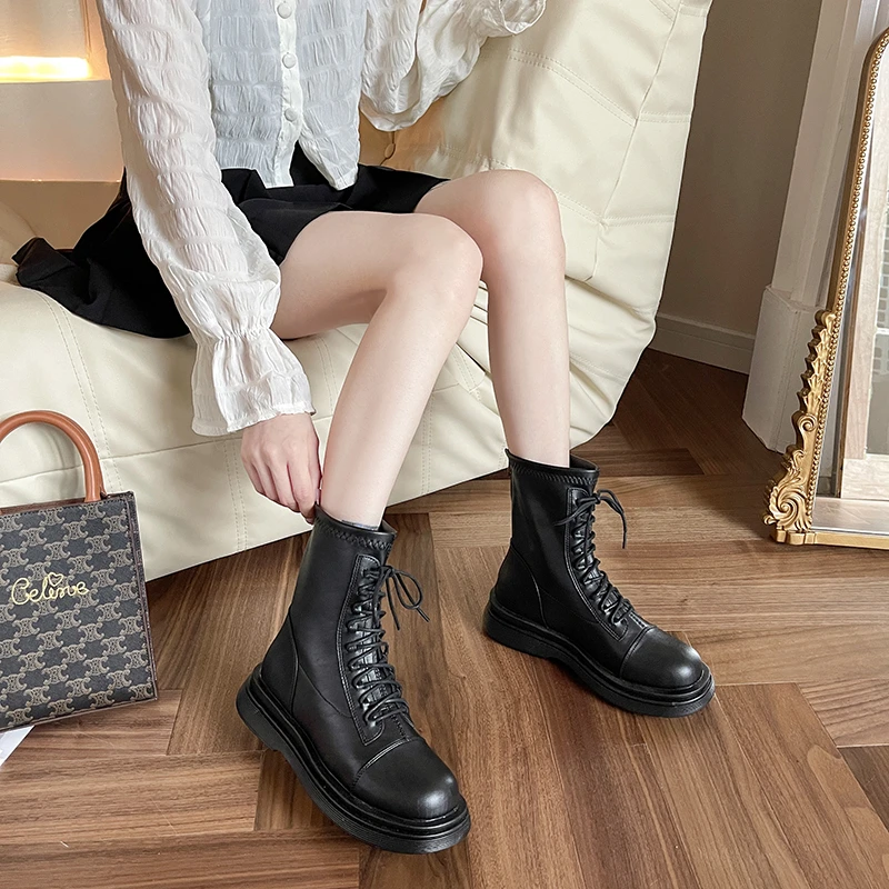 

WHNB Ankle Boots Women's Pu Leather Lace Up Ladies Motorcycle Zip Platform Fashion Female Short 2021 New Botines De Mujer