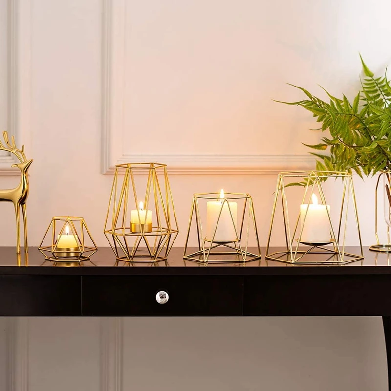 

4 Pcs Metal Geometric Design Tea Light Votive Candle Holders, Hollow Tealight Candle Holders for Wedding Home Decoration
