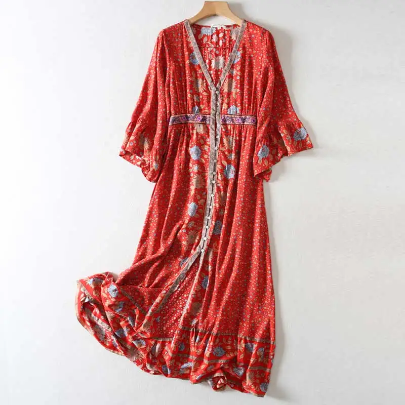 Boho платье Птицы Цветочный Принт летние платья Империя талии кисточки связали v-образным вырезом chic vestido оборками рукав длинное платье для женщин