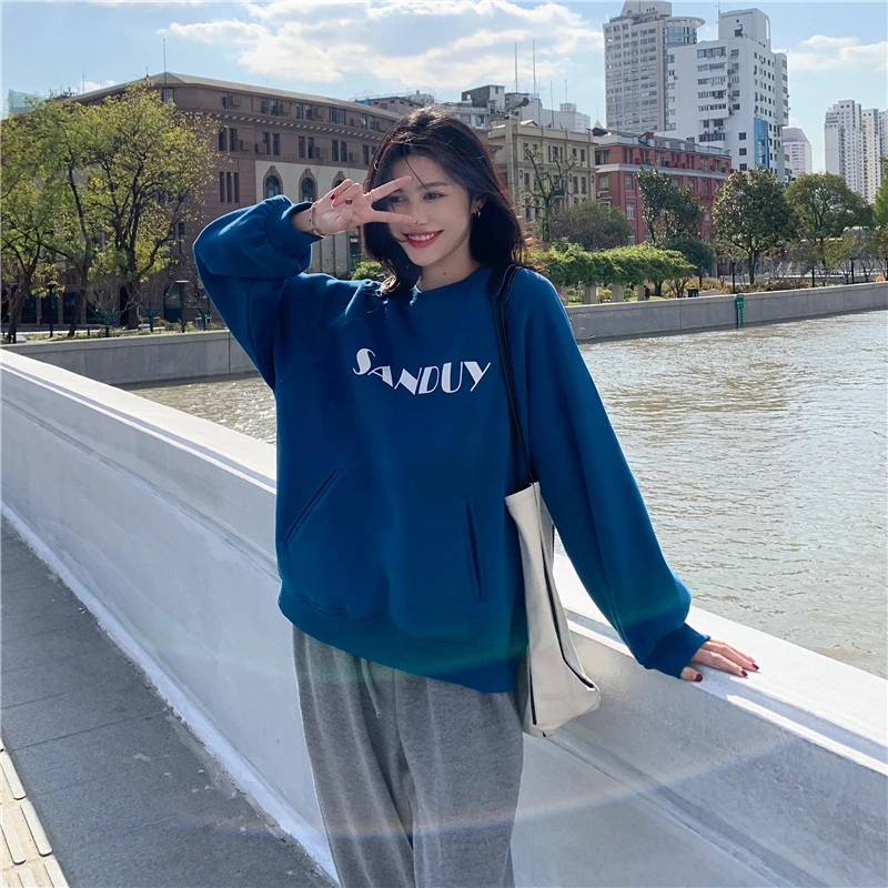 

XZ918 women loose and velvet blue Sweatshirts women's design sense niche lazy style salt Lovely wind Sweatshirts