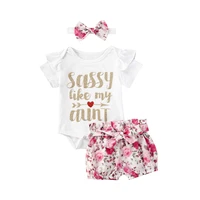 pudcoco fast shipping 0 24m summer toddler baby girls clothing short sleeve letter romper top floral print shorts vetement set