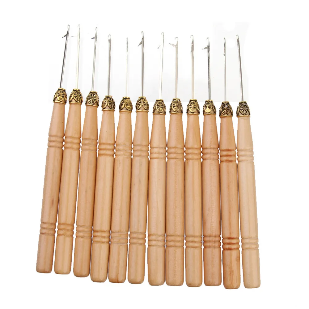 

12pcs Wooden Handle Hook Needle /Micro Rings Hook Needle Threader Crochet Hooks Knitting Needles for Micro Rings Hair Extensions