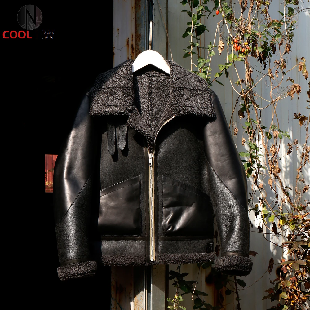 

CDB3-7 European US Size High Quality Super Warm Genuine Sheep Leather Coat Mens Big B3 Shearling Bomber Merino Fur Jacket
