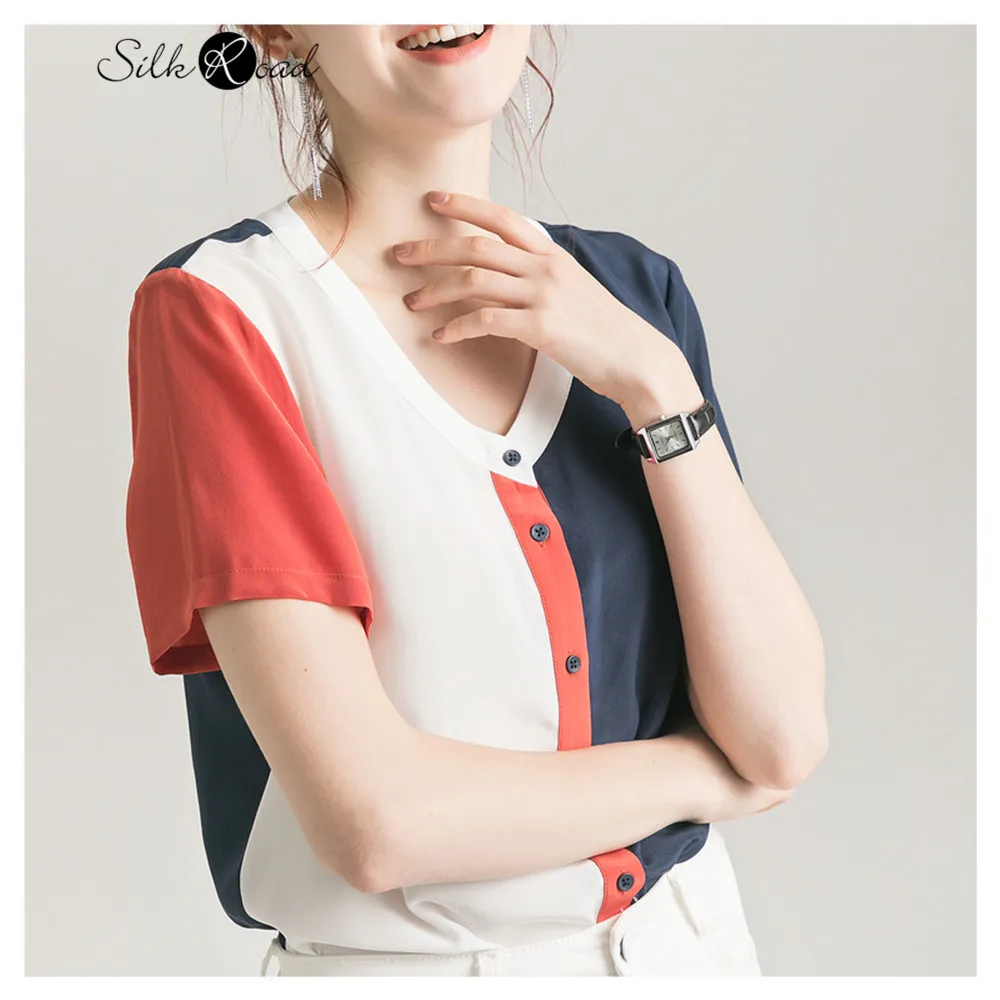 Silviye Silk shirt women's color blocking silk top short sleeve T-shirt summer blusas mujer de moda 2020